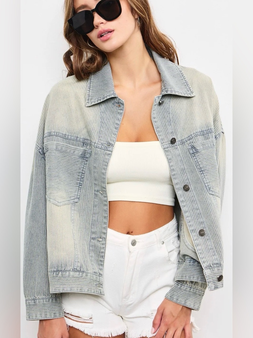 Railroad Stripe Washed Denim Jacket by Mustard Seed